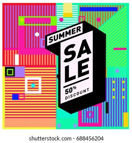 Summer sale memphis style web banner. Fashion and travel discount poster. Vector holiday Abstract colorful illustration with special offer and promotion.