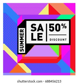 Summer sale memphis style web banner. Fashion and travel discount poster. Vector holiday Abstract colorful illustration with special offer and promotion.