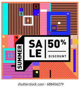 Summer sale memphis style web banner. Fashion and travel discount poster. Vector holiday Abstract colorful illustration with special offer and promotion.