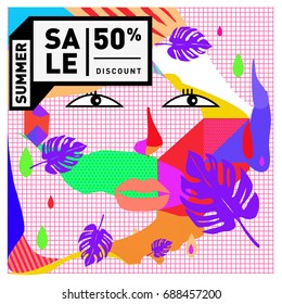 Summer sale memphis style web banner. Fashion and travel discount poster. Vector holiday Abstract colorful illustration with special offer and promotion.
