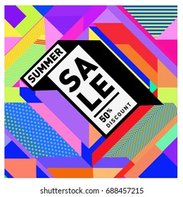 Summer sale memphis style web banner. Fashion and travel discount poster. Vector holiday Abstract colorful illustration with special offer and promotion.