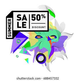 Summer sale memphis style web banner. Fashion and travel discount poster. Vector holiday Abstract colorful illustration with special offer and promotion.