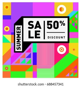 Summer sale memphis style web banner. Fashion and travel discount poster. Vector holiday Abstract colorful illustration with special offer and promotion.