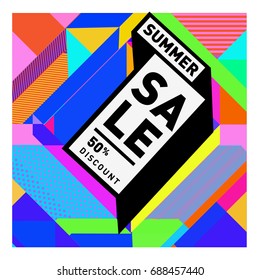 Summer sale memphis style web banner. Fashion and travel discount poster. Vector holiday Abstract colorful illustration with special offer and promotion.