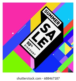 Summer sale memphis style web banner. Fashion and travel discount poster. Vector holiday Abstract colorful illustration with special offer and promotion.