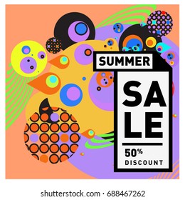 Summer sale memphis style web banner. Fashion and travel discount poster. Vector holiday Abstract colorful illustration with special offer and promotion.