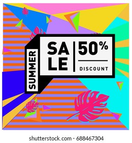 Summer sale memphis style web banner. Fashion and travel discount poster. Vector holiday Abstract colorful illustration with special offer and promotion.