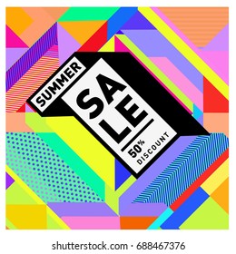 Summer sale memphis style web banner. Fashion and travel discount poster. Vector holiday Abstract colorful illustration with special offer and promotion.