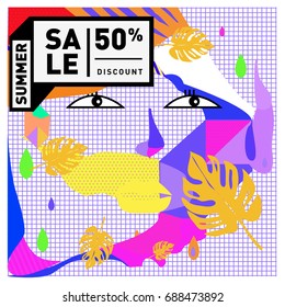 Summer sale memphis style web banner. Fashion and travel discount poster. Vector holiday Abstract colorful illustration with special offer and promotion.