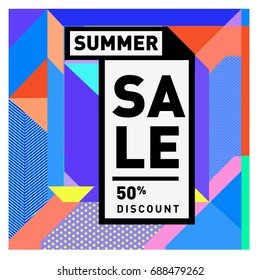 Summer sale memphis style web banner. Fashion and travel discount poster. Vector holiday Abstract colorful illustration with special offer and promotion.