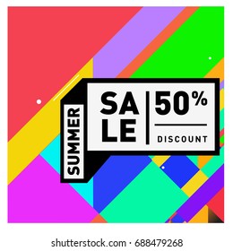 Summer sale memphis style web banner. Fashion and travel discount poster. Vector holiday Abstract colorful illustration with special offer and promotion.