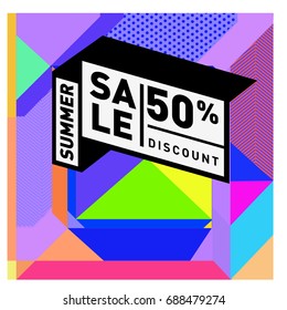 Summer sale memphis style web banner. Fashion and travel discount poster. Vector holiday Abstract colorful illustration with special offer and promotion.