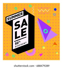 Summer sale memphis style web banner. Fashion and travel discount poster. Vector holiday Abstract colorful illustration with special offer and promotion.