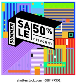 Summer sale memphis style web banner. Fashion and travel discount poster. Vector holiday Abstract colorful illustration with special offer and promotion.
