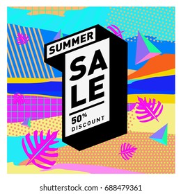 Summer sale memphis style web banner. Fashion and travel discount poster. Vector holiday Abstract colorful illustration with special offer and promotion.