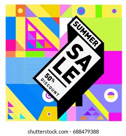Summer sale memphis style web banner. Fashion and travel discount poster. Vector holiday Abstract colorful illustration with special offer and promotion.
