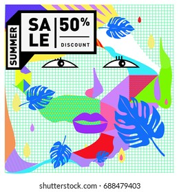 Summer sale memphis style web banner. Fashion and travel discount poster. Vector holiday Abstract colorful illustration with special offer and promotion.