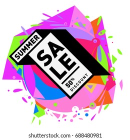 Summer sale memphis style web banner. Fashion and travel discount poster. Vector holiday Abstract colorful illustration with special offer and promotion.