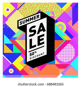 Summer sale memphis style web banner. Fashion and travel discount poster. Vector holiday Abstract colorful illustration with special offer and promotion.