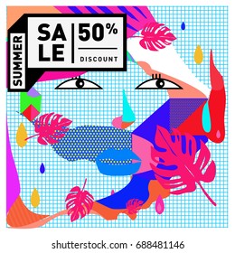 Summer sale memphis style web banner. Fashion and travel discount poster. Vector holiday Abstract colorful illustration with special offer and promotion.