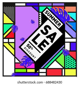 Summer sale memphis style web banner. Fashion and travel discount poster. Vector holiday Abstract colorful illustration with special offer and promotion.