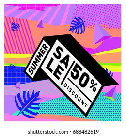 Summer sale memphis style web banner. Fashion and travel discount poster. Vector holiday Abstract colorful illustration with special offer and promotion.