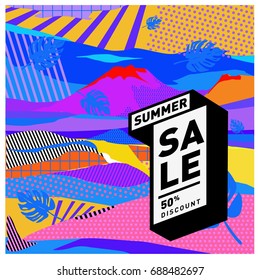 Summer sale memphis style web banner. Fashion and travel discount poster. Vector holiday Abstract colorful illustration with special offer and promotion.