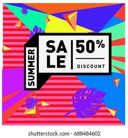 Summer sale memphis style web banner. Fashion and travel discount poster. Vector holiday Abstract colorful illustration with special offer and promotion.