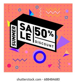 Summer sale memphis style web banner. Fashion and travel discount poster. Vector holiday Abstract colorful illustration with special offer and promotion.