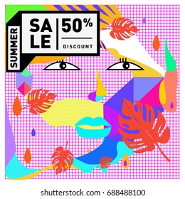 Summer sale memphis style web banner. Fashion and travel discount poster. Vector holiday Abstract colorful illustration with special offer and promotion.