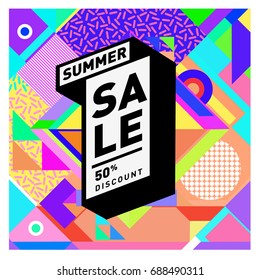 Summer sale memphis style web banner. Fashion and travel discount poster. Vector holiday Abstract colorful illustration with special offer and promotion.