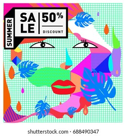 Summer sale memphis style web banner. Fashion and travel discount poster. Vector holiday Abstract colorful illustration with special offer and promotion.