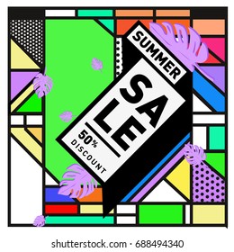 Summer sale memphis style web banner. Fashion and travel discount poster. Vector holiday Abstract colorful illustration with special offer and promotion.