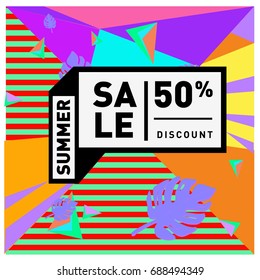 Summer sale memphis style web banner. Fashion and travel discount poster. Vector holiday Abstract colorful illustration with special offer and promotion.