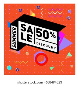 Summer sale memphis style web banner. Fashion and travel discount poster. Vector holiday Abstract colorful illustration with special offer and promotion.