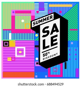 Summer sale memphis style web banner. Fashion and travel discount poster. Vector holiday Abstract colorful illustration with special offer and promotion.