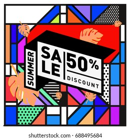 Summer sale memphis style web banner. Fashion and travel discount poster. Vector holiday Abstract colorful illustration with special offer and promotion.