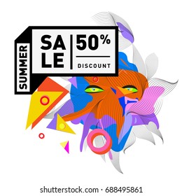 Summer sale memphis style web banner. Fashion and travel discount poster. Vector holiday Abstract colorful illustration with special offer and promotion.