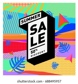 Summer sale memphis style web banner. Fashion and travel discount poster. Vector holiday Abstract colorful illustration with special offer and promotion.
