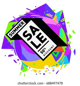 Summer sale memphis style web banner. Fashion and travel discount poster. Vector holiday Abstract colorful illustration with special offer and promotion.