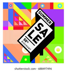 Summer sale memphis style web banner. Fashion and travel discount poster. Vector holiday Abstract colorful illustration with special offer and promotion.