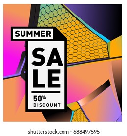 Summer sale memphis style web banner. Fashion and travel discount poster. Vector holiday Abstract colorful illustration with special offer and promotion.