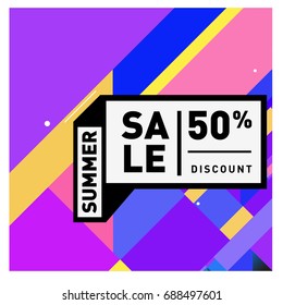 Summer sale memphis style web banner. Fashion and travel discount poster. Vector holiday Abstract colorful illustration with special offer and promotion.