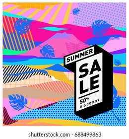 Summer sale memphis style web banner. Fashion and travel discount poster. Vector holiday Abstract colorful illustration with special offer and promotion.