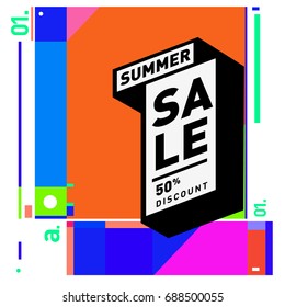 Summer sale memphis style web banner. Fashion and travel discount poster. Vector holiday Abstract colorful illustration with special offer and promotion.