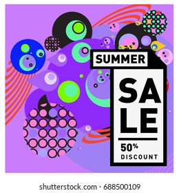 Summer sale memphis style web banner. Fashion and travel discount poster. Vector holiday Abstract colorful illustration with special offer and promotion.