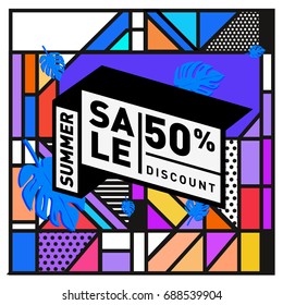 Summer sale memphis style web banner. Fashion and travel discount poster. Vector holiday Abstract colorful illustration with special offer and promotion.