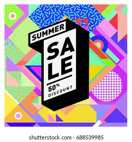 Summer sale memphis style web banner. Fashion and travel discount poster. Vector holiday Abstract colorful illustration with special offer and promotion.
