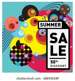 Summer sale memphis style web banner. Fashion and travel discount poster. Vector holiday Abstract colorful illustration with special offer and promotion.