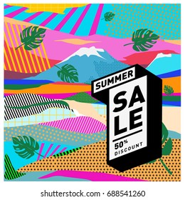 Summer sale memphis style web banner. Fashion and travel discount poster. Vector holiday Abstract colorful illustration with special offer and promotion.